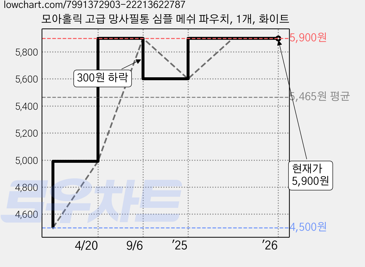 모아홀릭 고급 망사필통 심플 메쉬 파우치, 1개, 화이트 가격 변동 차트, 현재가 5,900원, 관측 최저가 4,500원