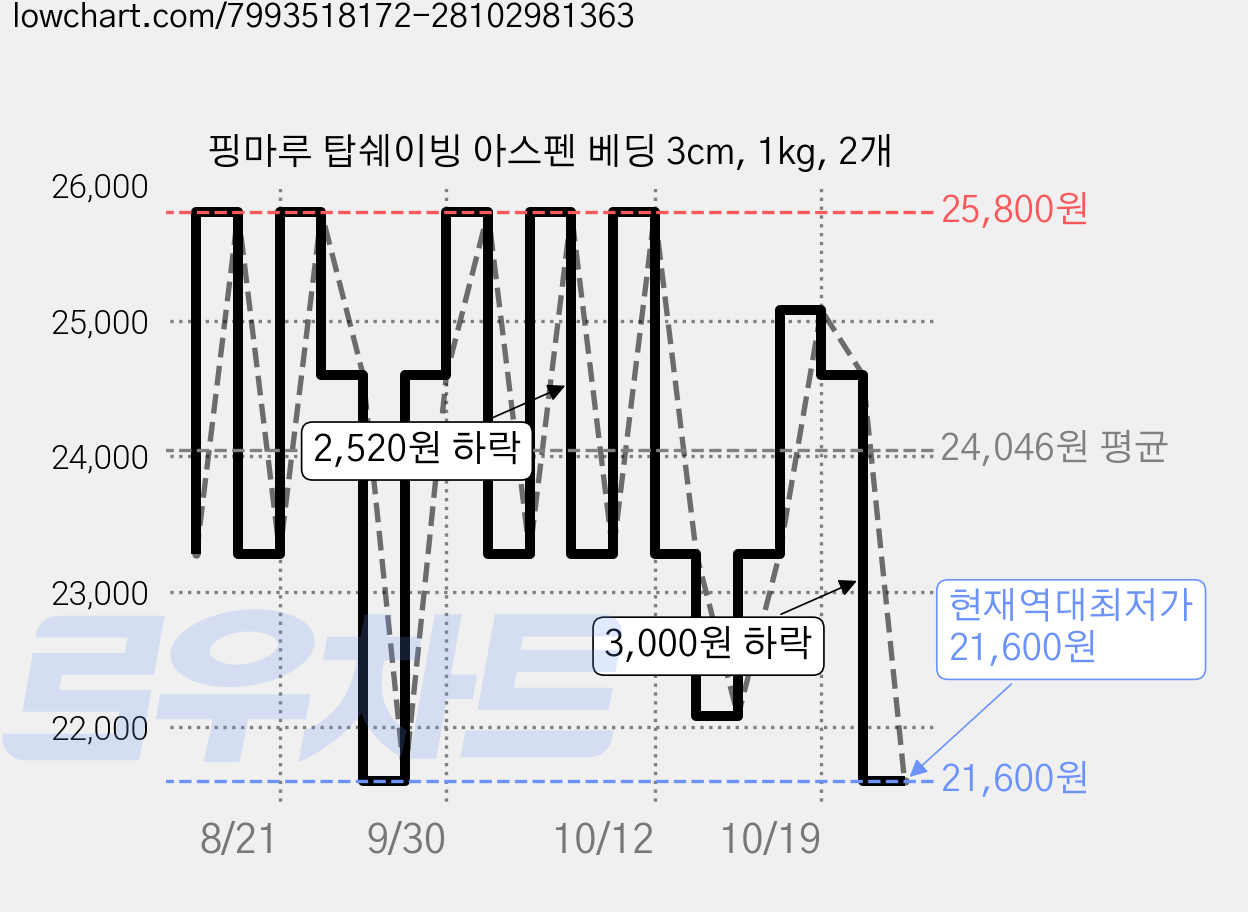 핑마루 탑쉐이빙 아스펜 베딩 3cm, 1kg, 2개 가격 변동 차트, 현재가 21,600원, 역대최저가