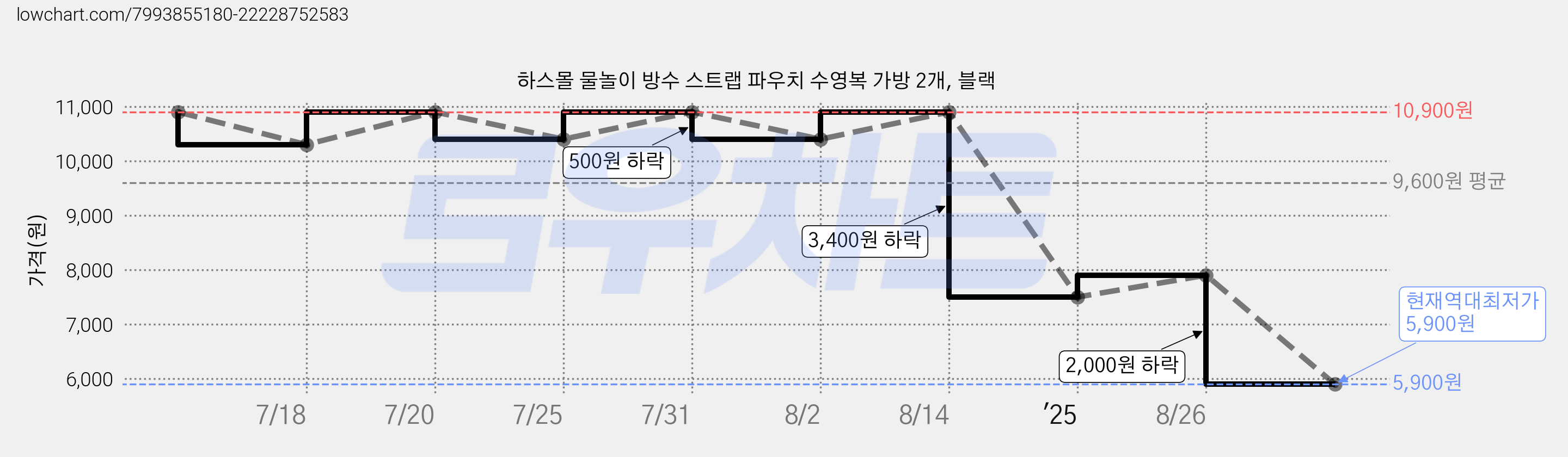 하스몰 물놀이 방수 스트랩 파우치 수영복 가방 2개, 블랙 가격 변동 차트, 현재가 5,900원, 역대최저가