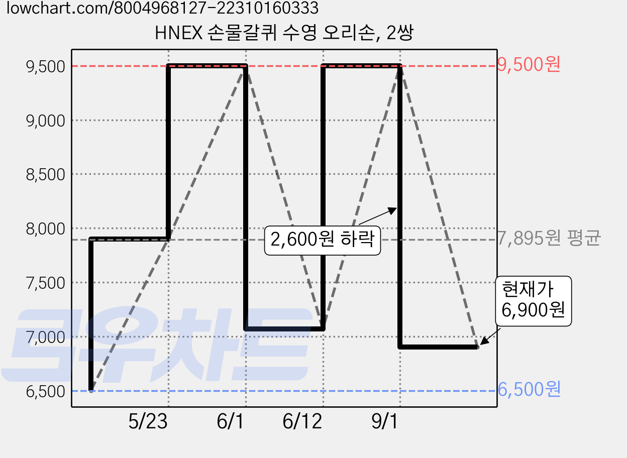 HNEX 손물갈퀴 수영 오리손, 2쌍 가격 변동 차트, 현재가 6,900원, 관측 최저가 6,500원