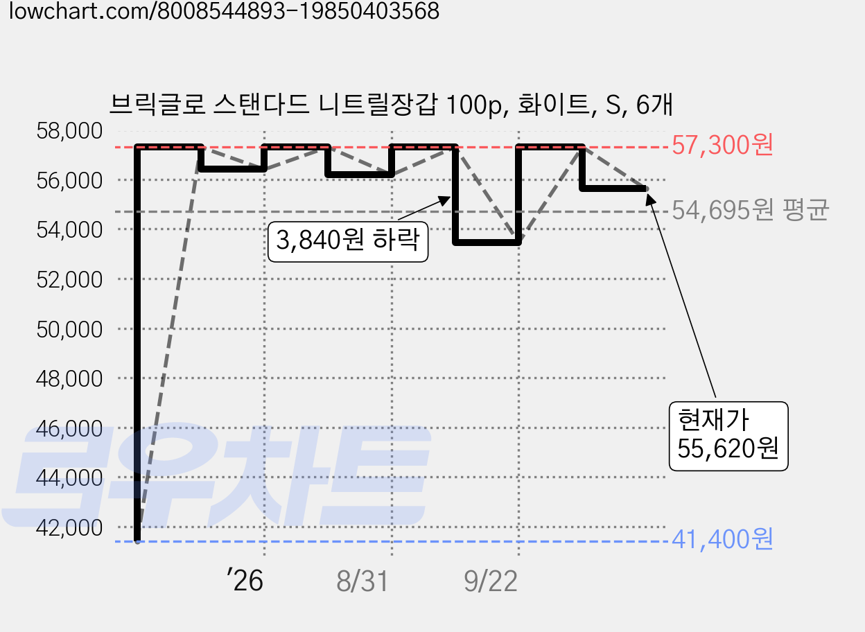 브릭글로 스탠다드 니트릴장갑 100p, 화이트, S, 6개 가격 변동 차트, 현재가 55,620원, 관측 최저가 41,400원