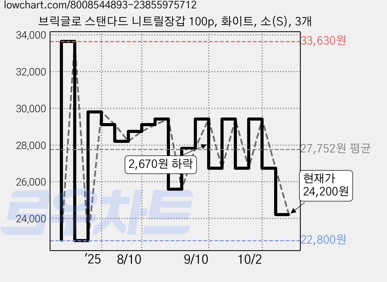 브릭글로 스탠다드 니트릴장갑 100p, 화이트, 소(S), 3개 가격 변동 차트, 현재가 24,200원, 관측 최저가 22,800원