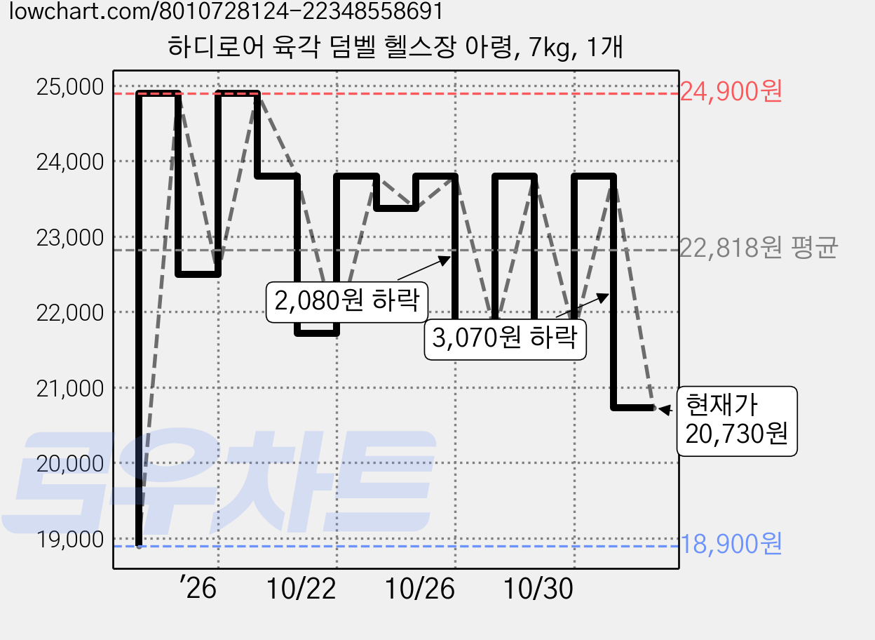 하디로어 육각 덤벨 헬스장 아령, 7kg, 1개 가격 변동 차트, 현재가 20,730원, 관측 최저가 18,900원