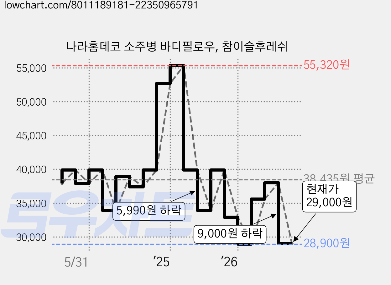 나라홈데코 소주병 바디필로우, 참이슬후레쉬 가격 변동 차트, 현재가 29,000원, 관측 최저가 28,900원