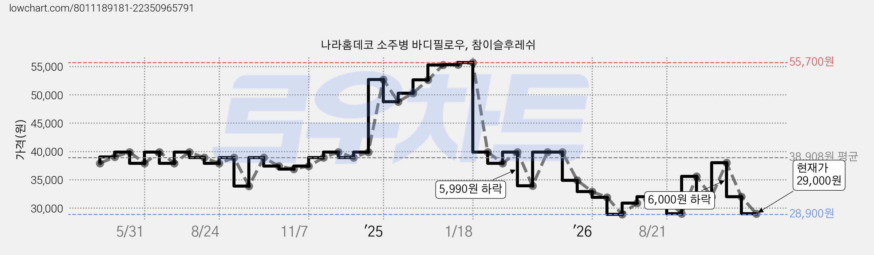 나라홈데코 소주병 바디필로우, 참이슬후레쉬 가격 변동 차트, 현재가 29,000원, 관측 최저가 28,900원