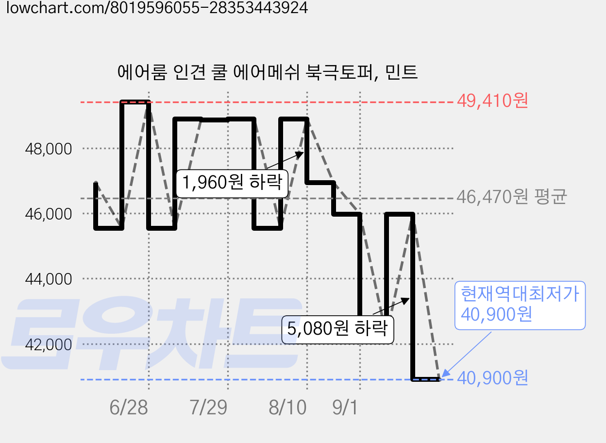 에어룸 인견 쿨 에어메쉬 북극토퍼, 민트 가격 변동 차트, 현재가 40,900원, 역대최저가