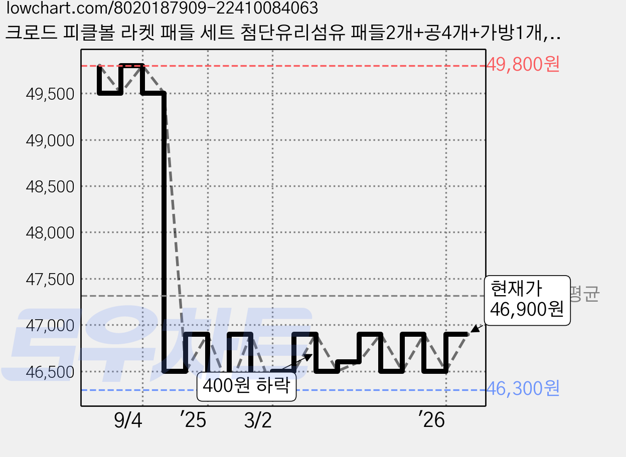 크로드 피클볼 라켓 패들 세트 첨단유리섬유 패들2개+공4개+가방1개, 1개, 혼색 가격 변동 차트, 현재가 46,900원, 관측 최저가 46,300원