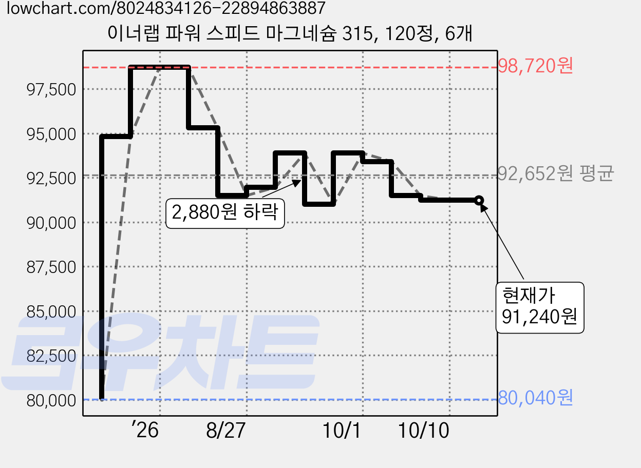 이너랩 파워 스피드 마그네슘 315, 120정, 6개 가격 변동 차트, 현재가 91,240원, 관측 최저가 80,040원