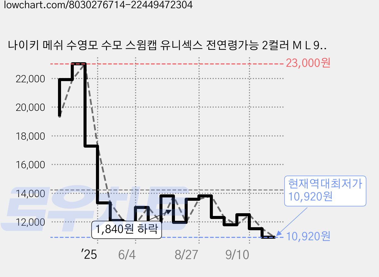 나이키 메쉬 수영모 수모 스윔캡 유니섹스 전연령가능 2컬러 M L 907461, 블랙, 1개 가격 변동 차트, 현재가 10,920원, 역대최저가