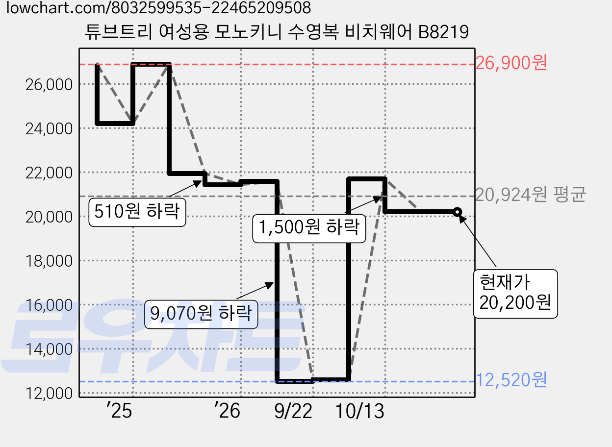 튜브트리 여성용 모노키니 수영복 비치웨어 B8219 가격 변동 차트, 현재가 20,200원, 관측 최저가 12,520원