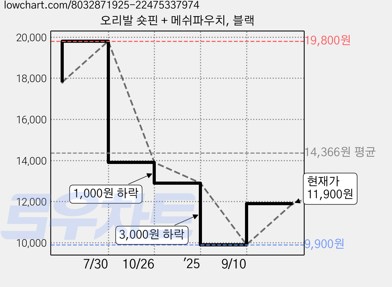 오리발 숏핀 + 메쉬파우치, 블랙 가격 변동 차트, 현재가 11,900원, 관측 최저가 9,900원