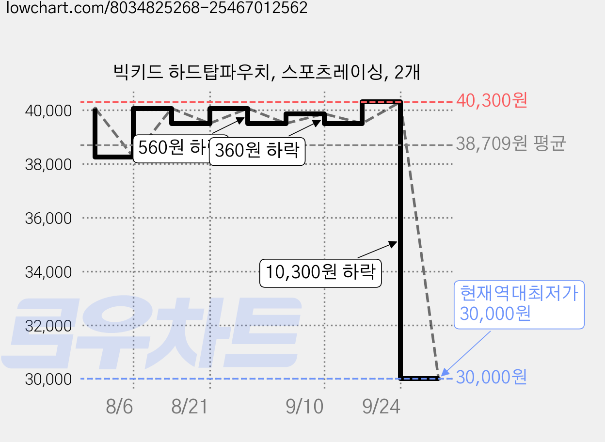빅키드 하드탑파우치, 스포츠레이싱, 2개 가격 변동 차트, 현재가 30,000원, 역대최저가
