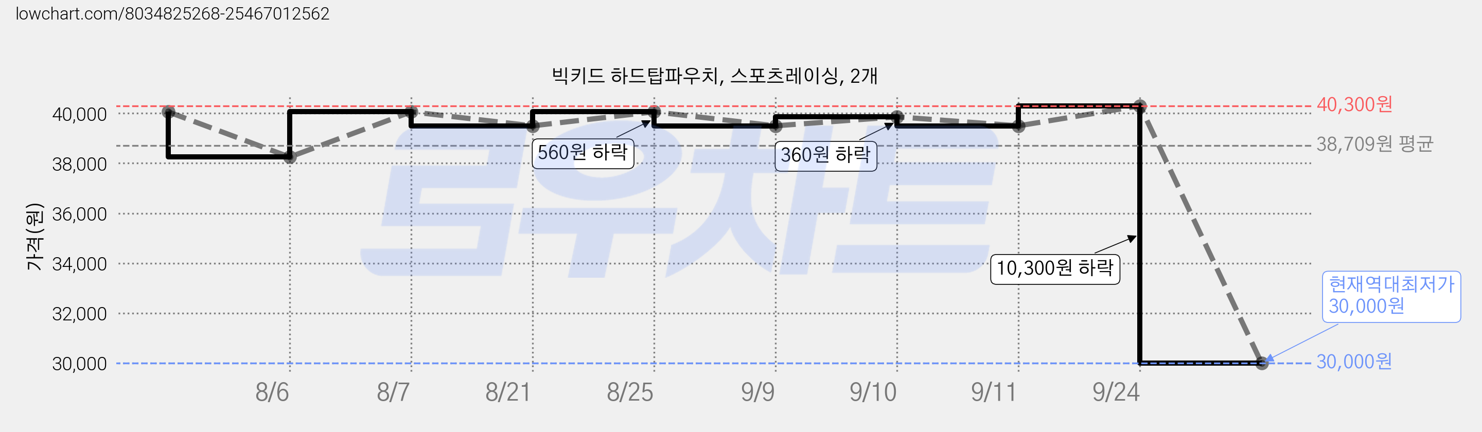 빅키드 하드탑파우치, 스포츠레이싱, 2개 가격 변동 차트, 현재가 30,000원, 역대최저가