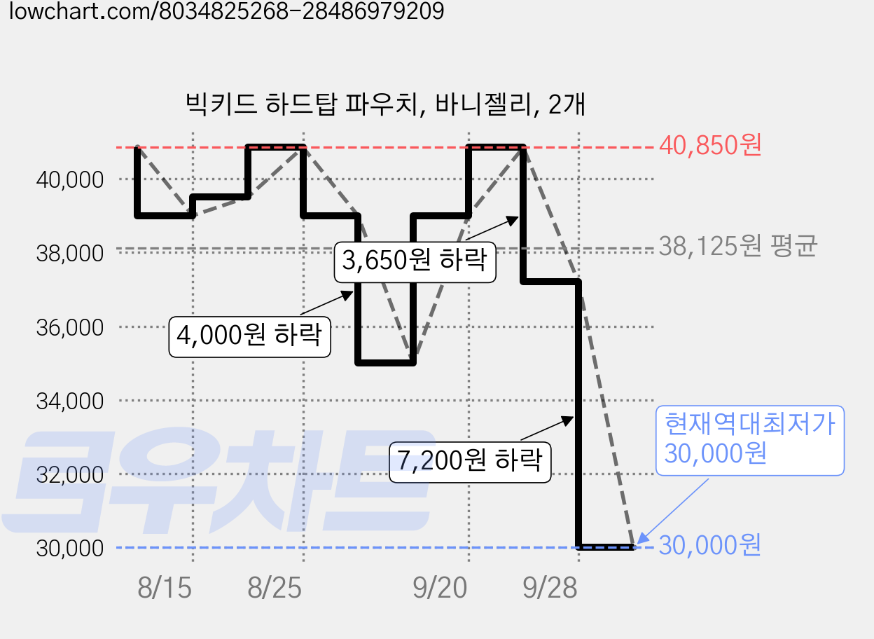 빅키드 하드탑 파우치, 바니젤리, 2개 가격 변동 차트, 현재가 30,000원, 역대최저가