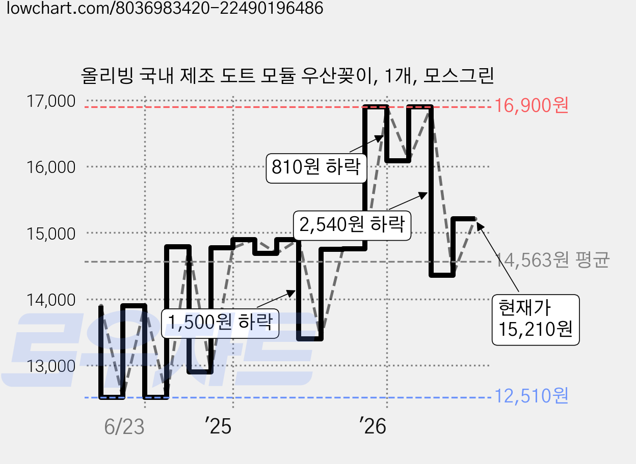 올리빙 국내 제조 도트 모듈 우산꽂이, 1개, 모스그린 가격 변동 차트, 현재가 15,210원, 관측 최저가 12,510원