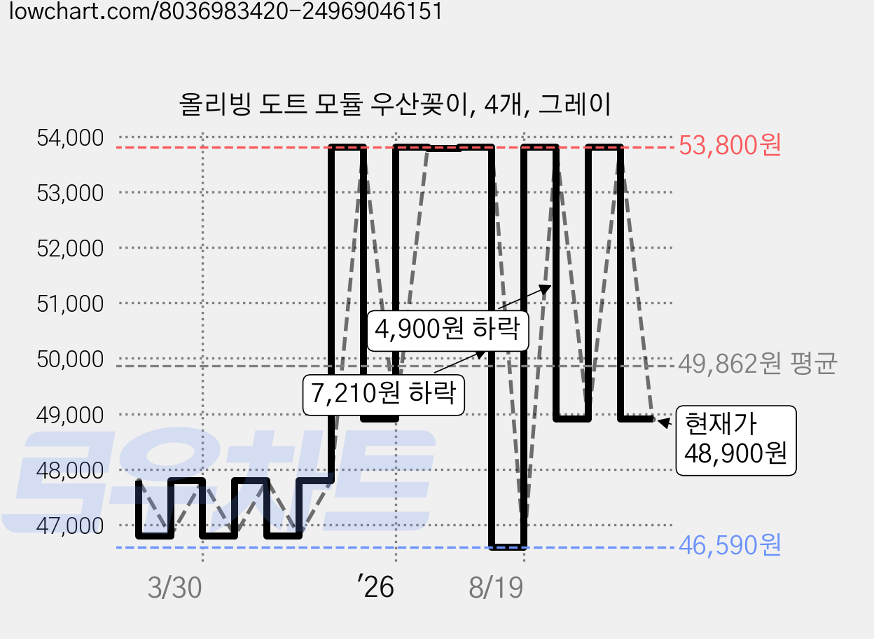 올리빙 도트 모듈 우산꽂이, 4개, 그레이 가격 변동 차트, 현재가 48,900원, 관측 최저가 46,590원