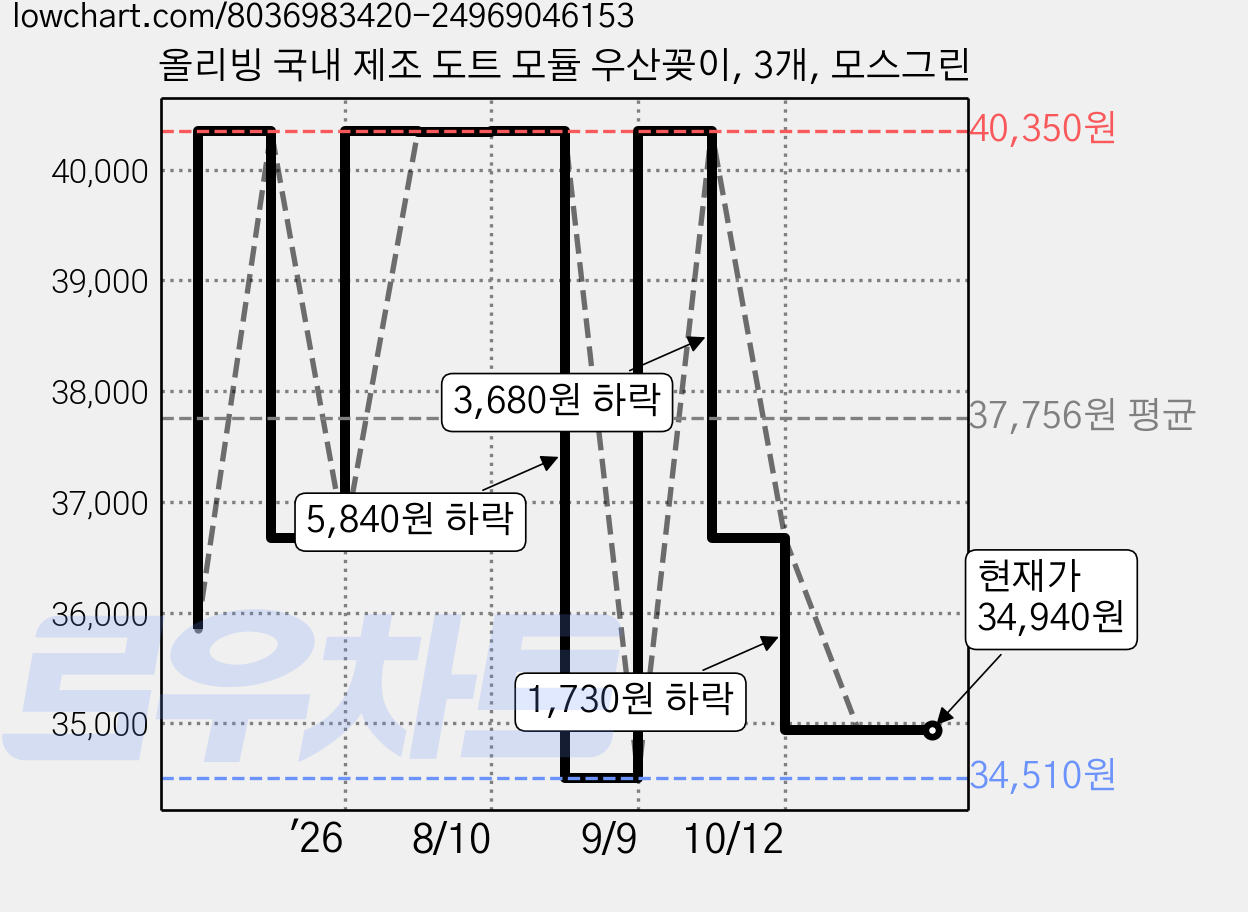 올리빙 국내 제조 도트 모듈 우산꽂이, 3개, 모스그린 가격 변동 차트, 현재가 34,940원, 관측 최저가 34,510원