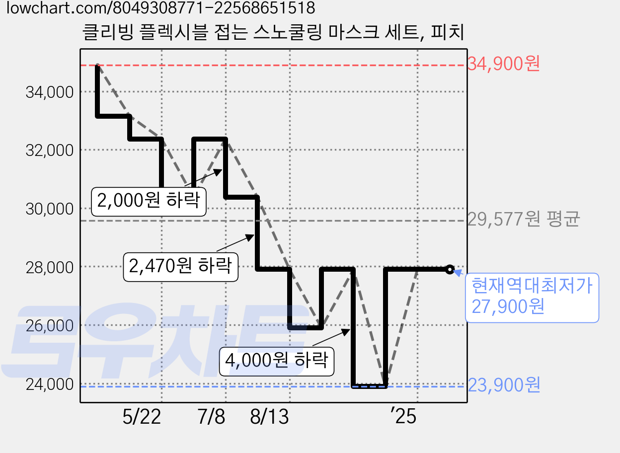 클리빙 플렉시블 접는 스노쿨링 마스크 세트, 피치 가격 변동 차트, 현재가 27,900원, 역대최저가