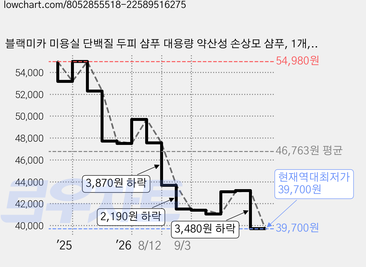 블랙미카 미용실 단백질 두피 샴푸 대용량 약산성 손상모 샴푸, 1개, 500ml 가격 변동 차트, 현재가 39,700원, 역대최저가