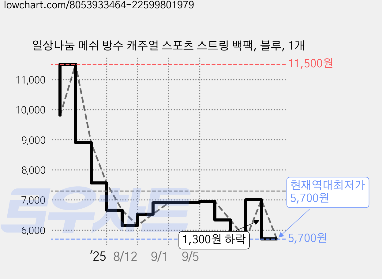 일상나눔 메쉬 방수 캐주얼 스포츠 스트링 백팩, 블루, 1개 가격 변동 차트, 현재가 5,700원, 역대최저가