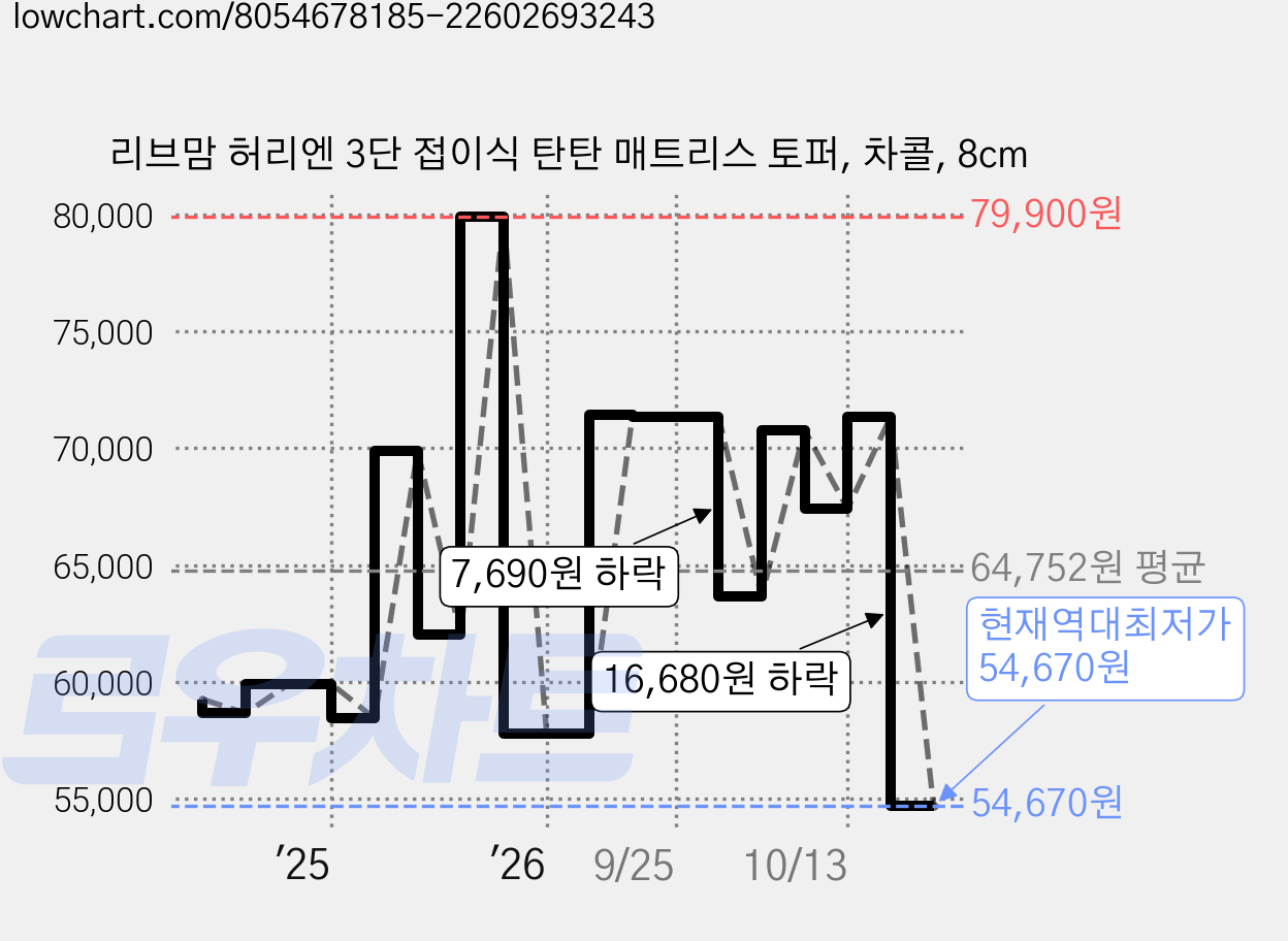 리브맘 허리엔 3단 접이식 탄탄 매트리스 토퍼, 차콜, 8cm 가격 변동 차트, 현재가 54,670원, 역대최저가