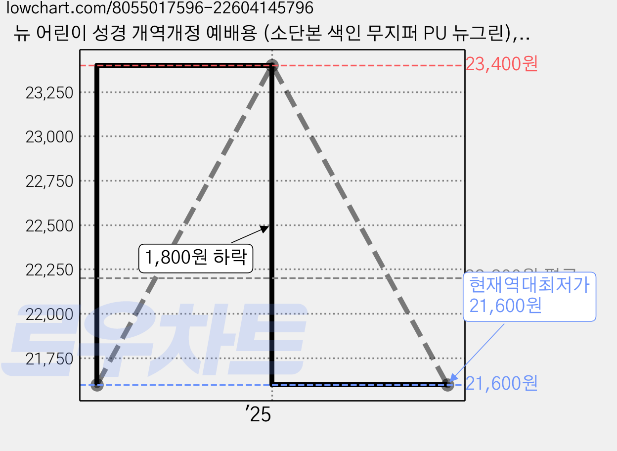 뉴 어린이 성경 개역개정 예배용 (소단본 색인 무지퍼 PU 뉴그린), 대한성서공회, 생명의말씀사 가격 변동 차트, 현재가 21,600원, 역대최저가