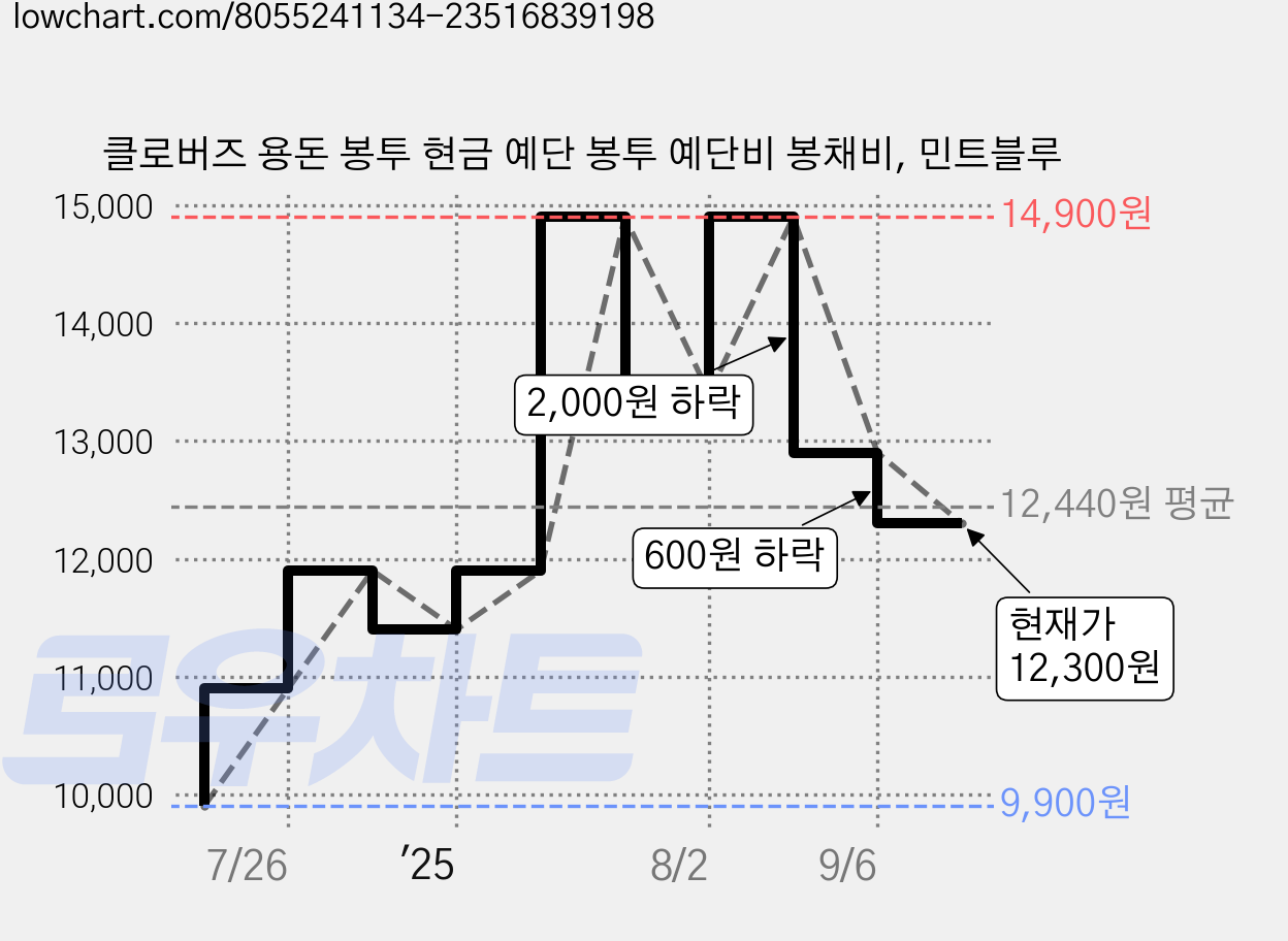 클로버즈 용돈 봉투 현금 예단 봉투 예단비 봉채비, 민트블루 가격 변동 차트, 현재가 12,300원, 관측 최저가 9,900원