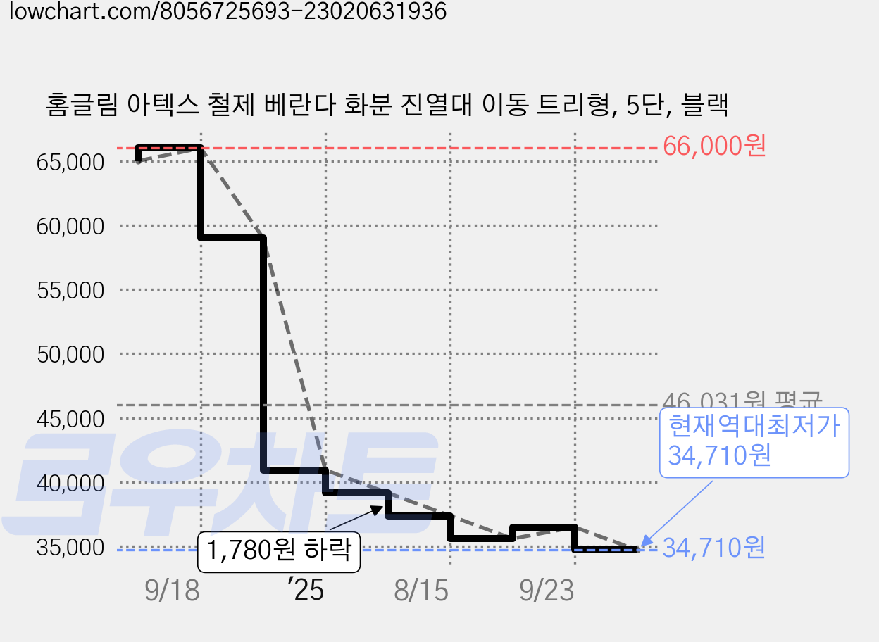 홈글림 아텍스 철제 베란다 화분 진열대 이동 트리형, 5단, 블랙 가격 변동 차트, 현재가 34,710원, 역대최저가