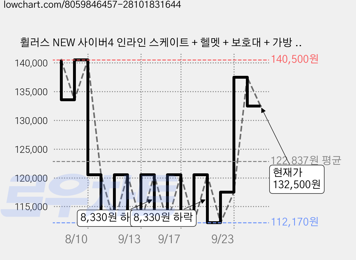 휠러스 NEW 사이버4 인라인 스케이트 + 헬멧 + 보호대 + 가방 세트, 블랙, 1세트 가격 변동 차트, 현재가 132,500원, 관측 최저가 112,170원