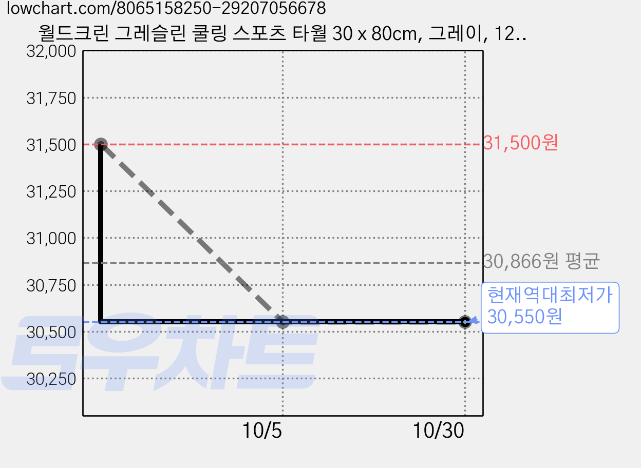 월드크린 그레슬린 쿨링 스포츠 타월 30 x 80cm, 그레이, 12개 가격 변동 차트, 현재가 30,550원, 역대최저가
