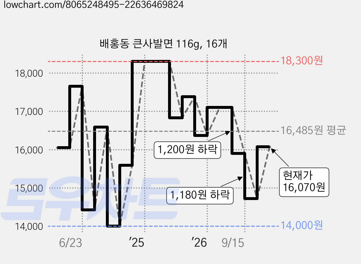 배홍동 큰사발면 116g, 16개 가격 변동 차트, 현재가 16,070원, 관측 최저가 14,000원