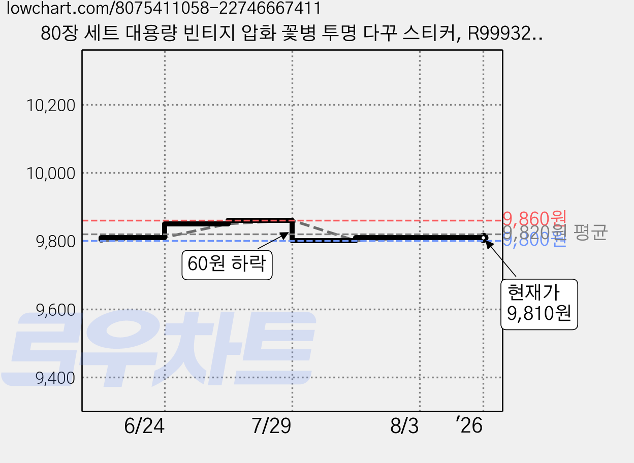 80장 세트 대용량 빈티지 압화 꽃병 투명 다꾸 스티커, R99932A(투명, 80개 가격 변동 차트, 현재가 9,810원, 관측 최저가 9,800원