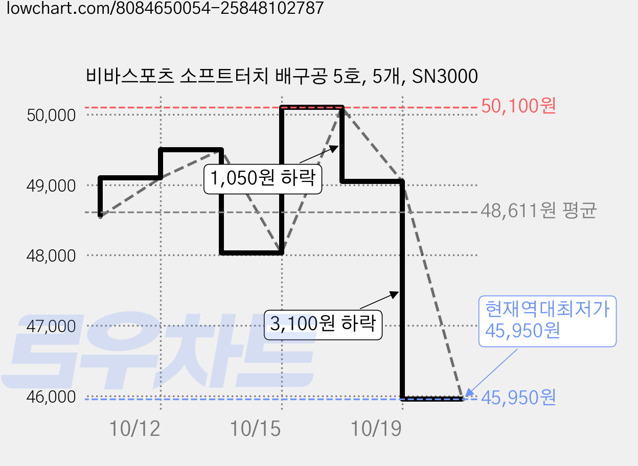 비바스포츠 소프트터치 배구공 5호, 5개, SN3000 가격 변동 차트, 현재가 45,950원, 역대최저가