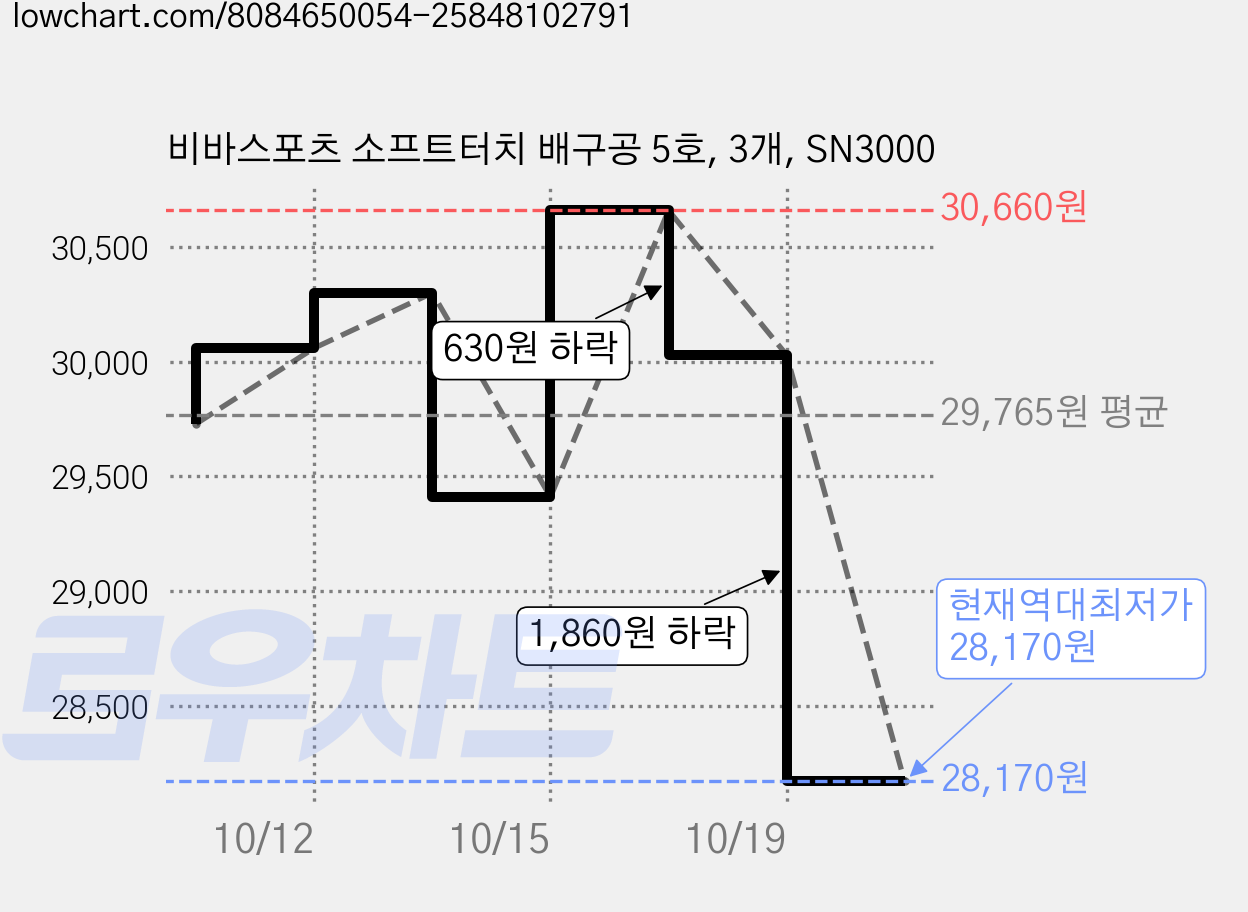비바스포츠 소프트터치 배구공 5호, 3개, SN3000 가격 변동 차트, 현재가 28,170원, 역대최저가