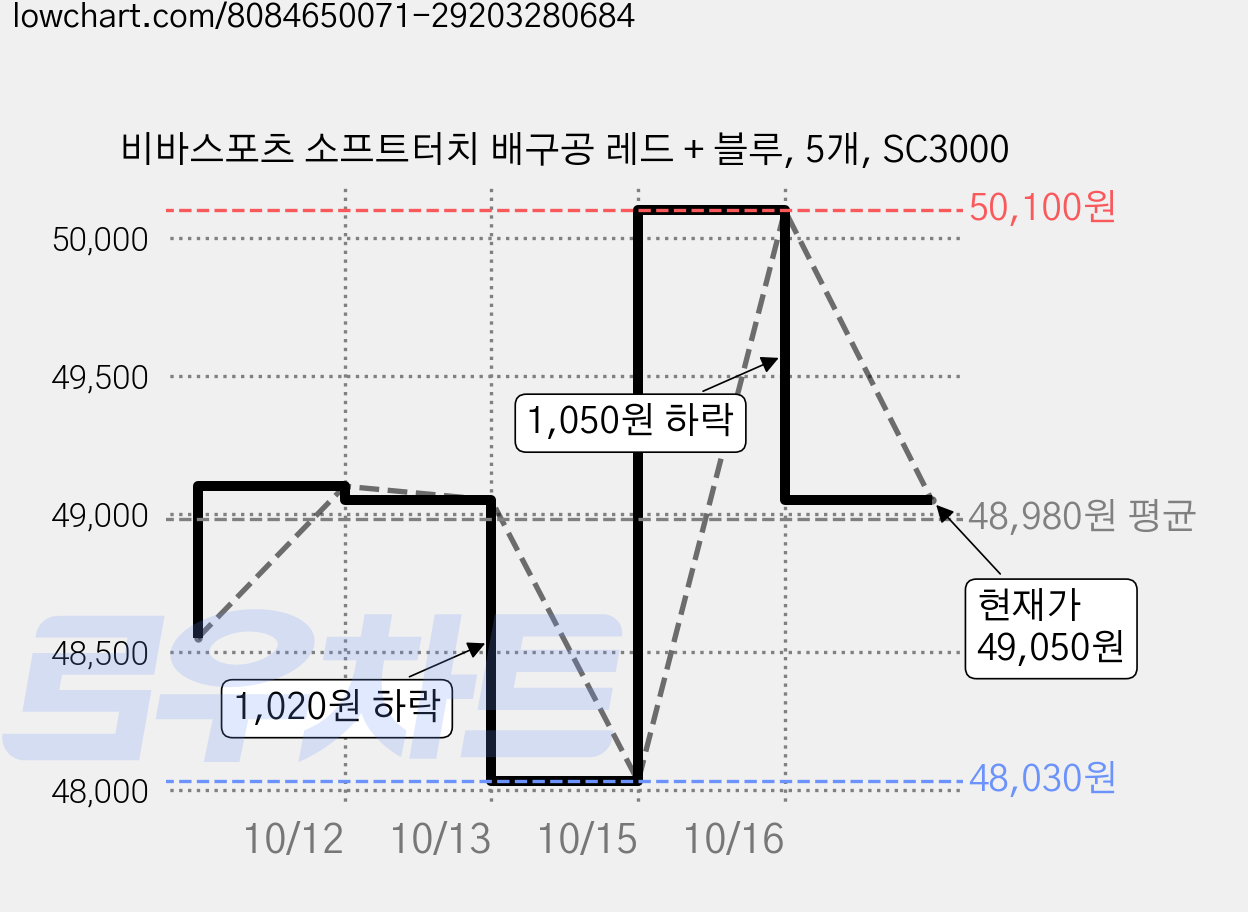비바스포츠 소프트터치 배구공 레드 + 블루, 5개, SC3000 가격 변동 차트, 현재가 49,050원, 관측 최저가 48,030원