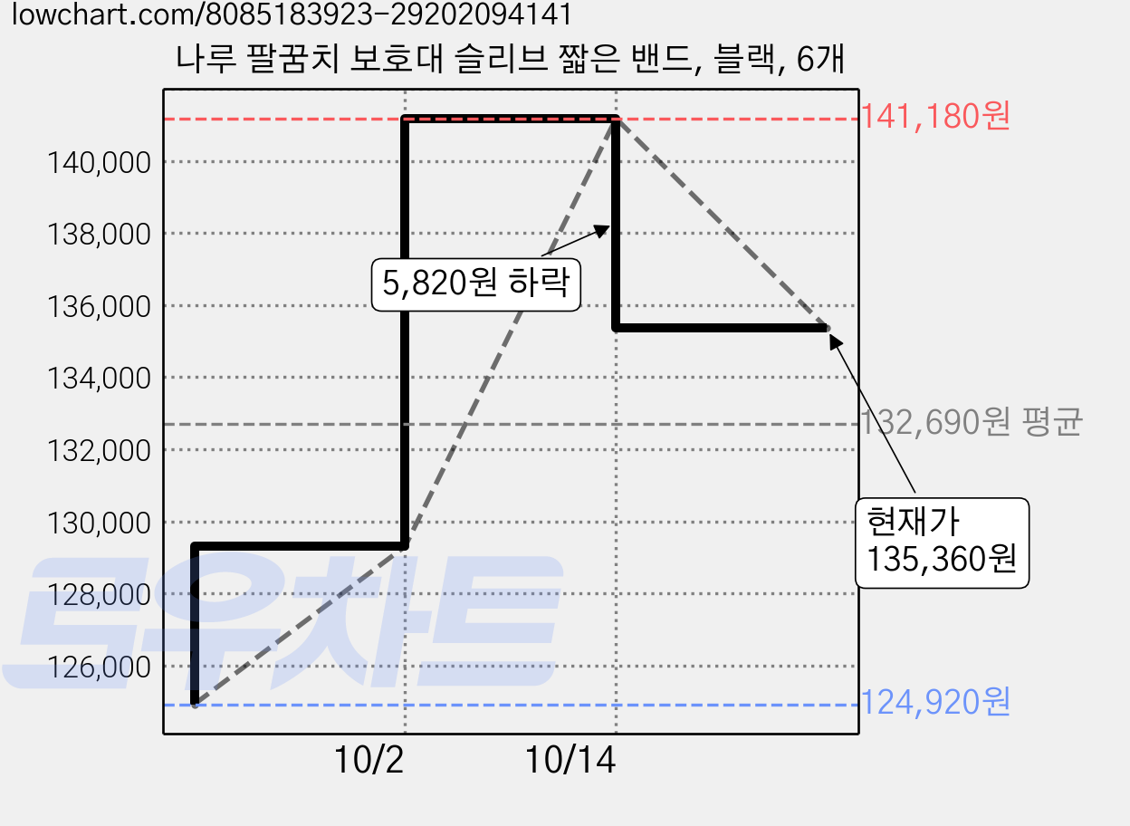 나루 팔꿈치 보호대 슬리브 짧은 밴드, 블랙, 6개 가격 변동 차트, 현재가 135,360원, 관측 최저가 124,920원
