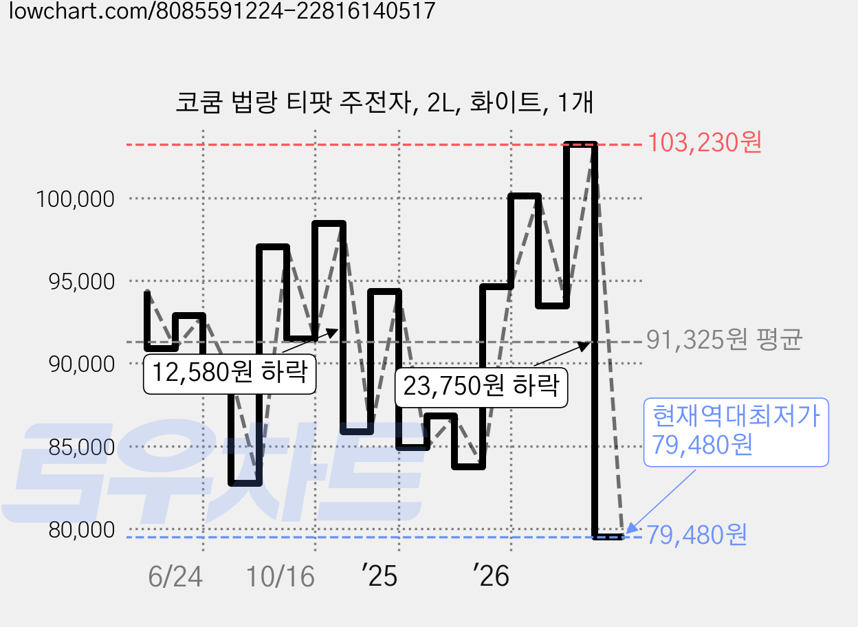 코쿰 법랑 티팟 주전자, 2L, 화이트, 1개 가격 변동 차트, 현재가 79,480원, 역대최저가