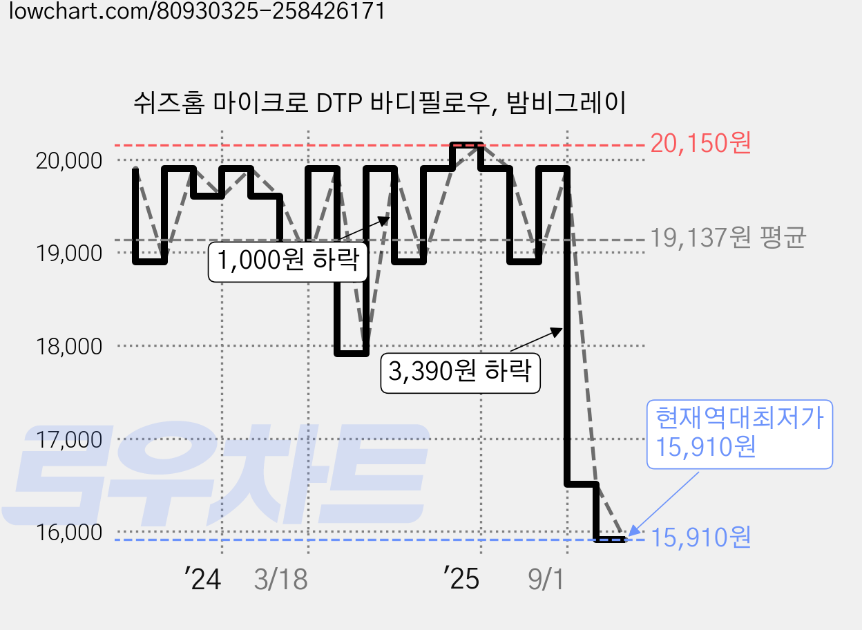 쉬즈홈 마이크로 DTP 바디필로우, 밤비그레이 가격 변동 차트, 현재가 15,910원, 역대최저가