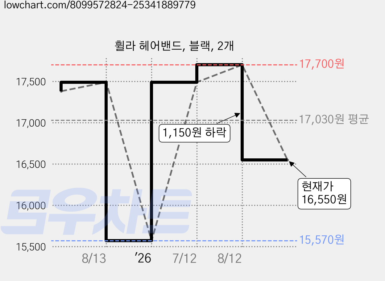 휠라 헤어밴드, 블랙, 2개 가격 변동 차트, 현재가 16,550원, 관측 최저가 15,570원