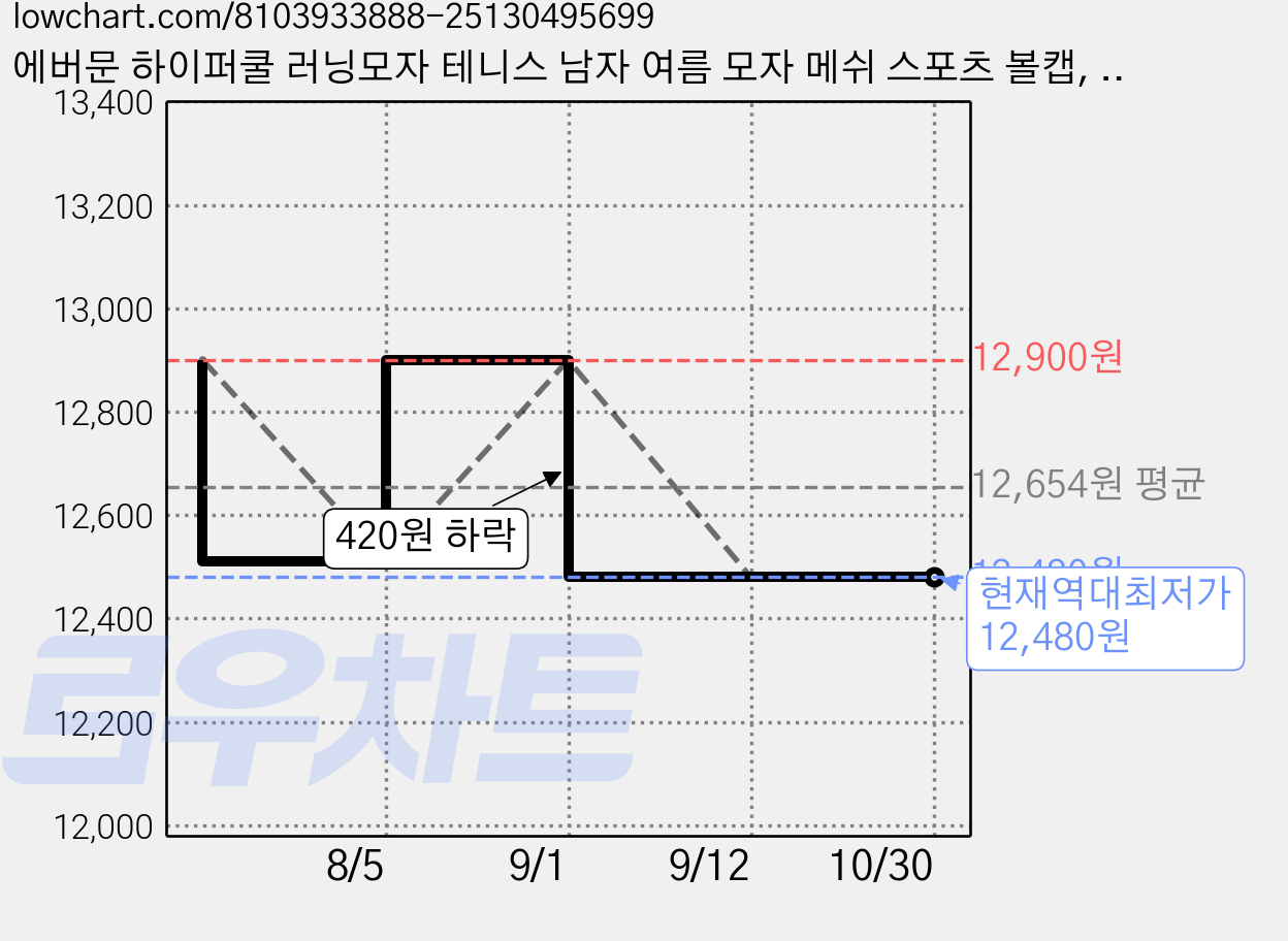 에버문 하이퍼쿨 러닝모자 테니스 남자 여름 모자 메쉬 스포츠 볼캡, 화이트, 1개 가격 변동 차트, 현재가 12,480원, 역대최저가