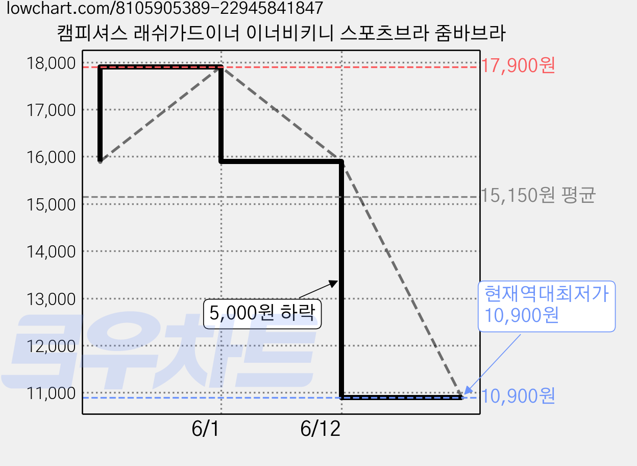 캠피셔스 래쉬가드이너 이너비키니 스포츠브라 줌바브라 가격 변동 차트, 현재가 10,900원, 역대최저가