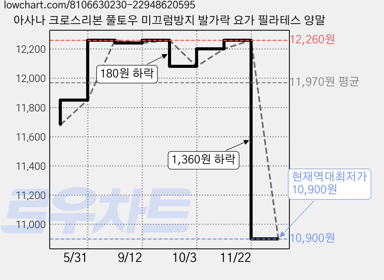 아사나 크로스리본 풀토우 미끄럼방지 발가락 요가 필라테스 양말 가격 변동 차트, 현재가 10,900원, 역대최저가
