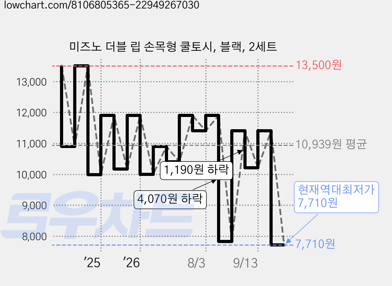미즈노 더블 립 손목형 쿨토시, 블랙, 2세트 가격 변동 차트, 현재가 7,710원, 역대최저가