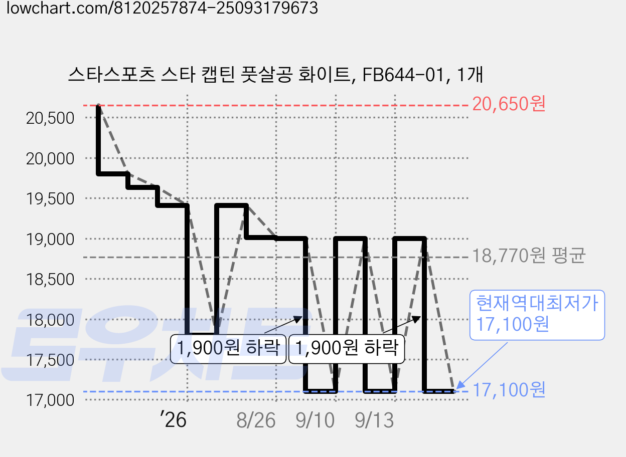 스타스포츠 스타 캡틴 풋살공 화이트, FB644-01, 1개 가격 변동 차트, 현재가 17,100원, 역대최저가