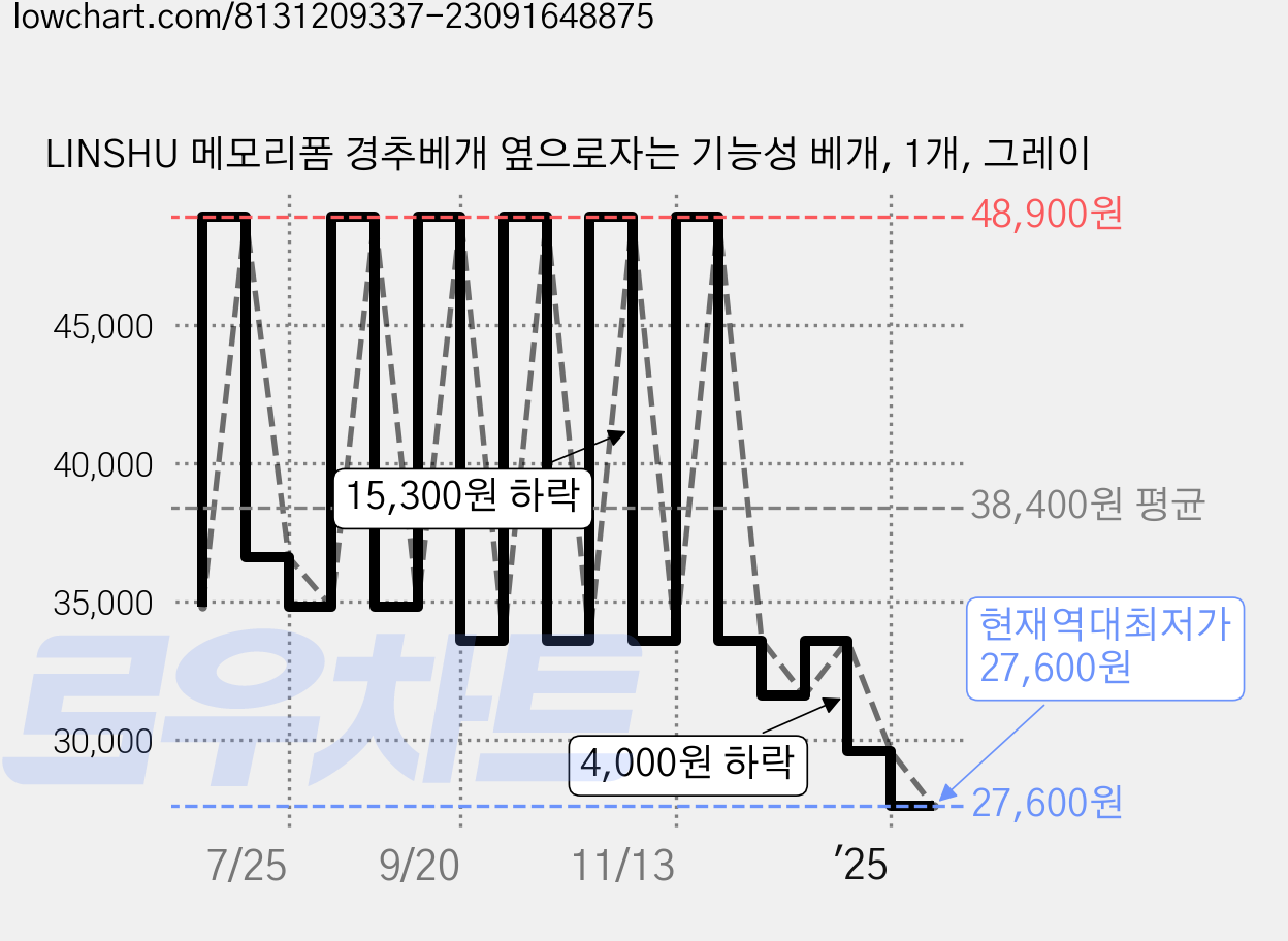LINSHU 메모리폼 경추베개 옆으로자는 기능성 베개, 1개, 그레이 가격 변동 차트, 현재가 27,600원, 역대최저가