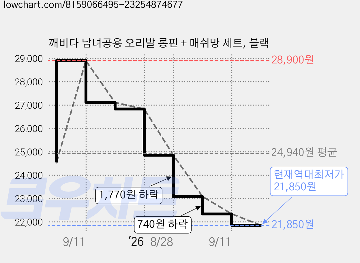 깨비다 남녀공용 오리발 롱핀 + 매쉬망 세트, 블랙 가격 변동 차트, 현재가 21,850원, 역대최저가