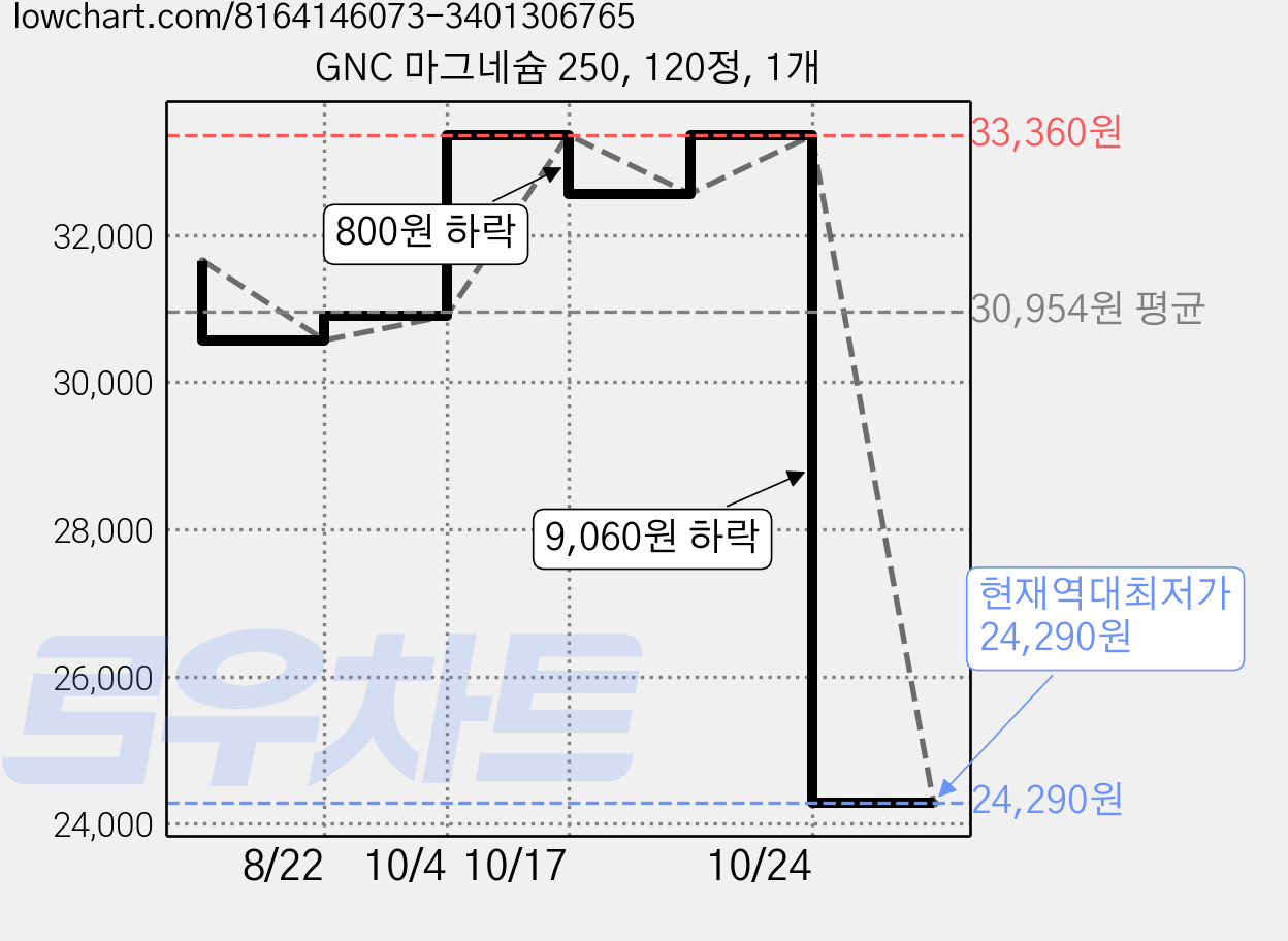 GNC 마그네슘 250, 120정, 1개 가격 변동 차트, 현재가 24,290원, 역대최저가