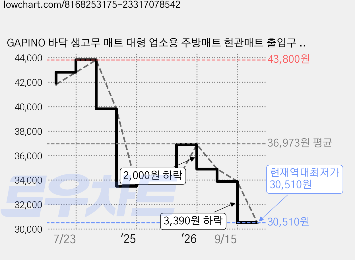 GAPINO 바닥 생고무 매트 대형 업소용 주방매트 현관매트 출입구 미끄럼방지매트 베란다 PVC 발판매트 고무 깔판, 1개, 블랙 가격 변동 차트, 현재가 30,510원, 역대최저가