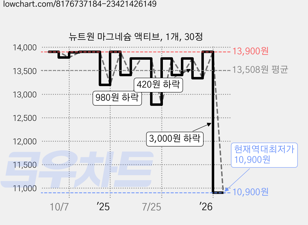 뉴트원 마그네슘 액티브, 1개, 30정 가격 변동 차트, 현재가 10,900원, 역대최저가