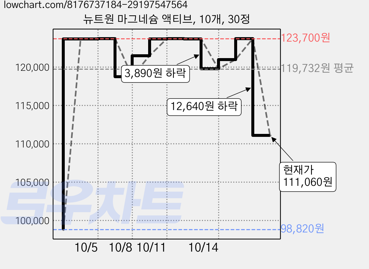 뉴트원 마그네슘 액티브, 10개, 30정 가격 변동 차트, 현재가 111,060원, 관측 최저가 98,820원